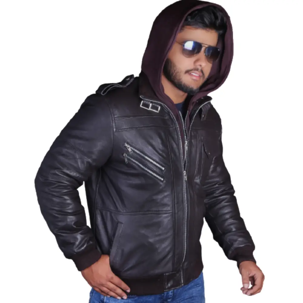 Light Brown Sheepskin Leather Jacket Men | Motorcycle Biker Removable Hood