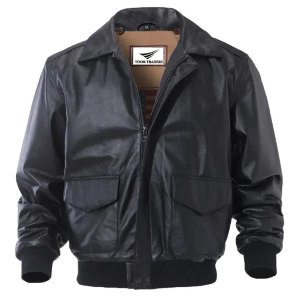 Real Black Sheepskin Leather Windbreaker Bomber Jacket for Men