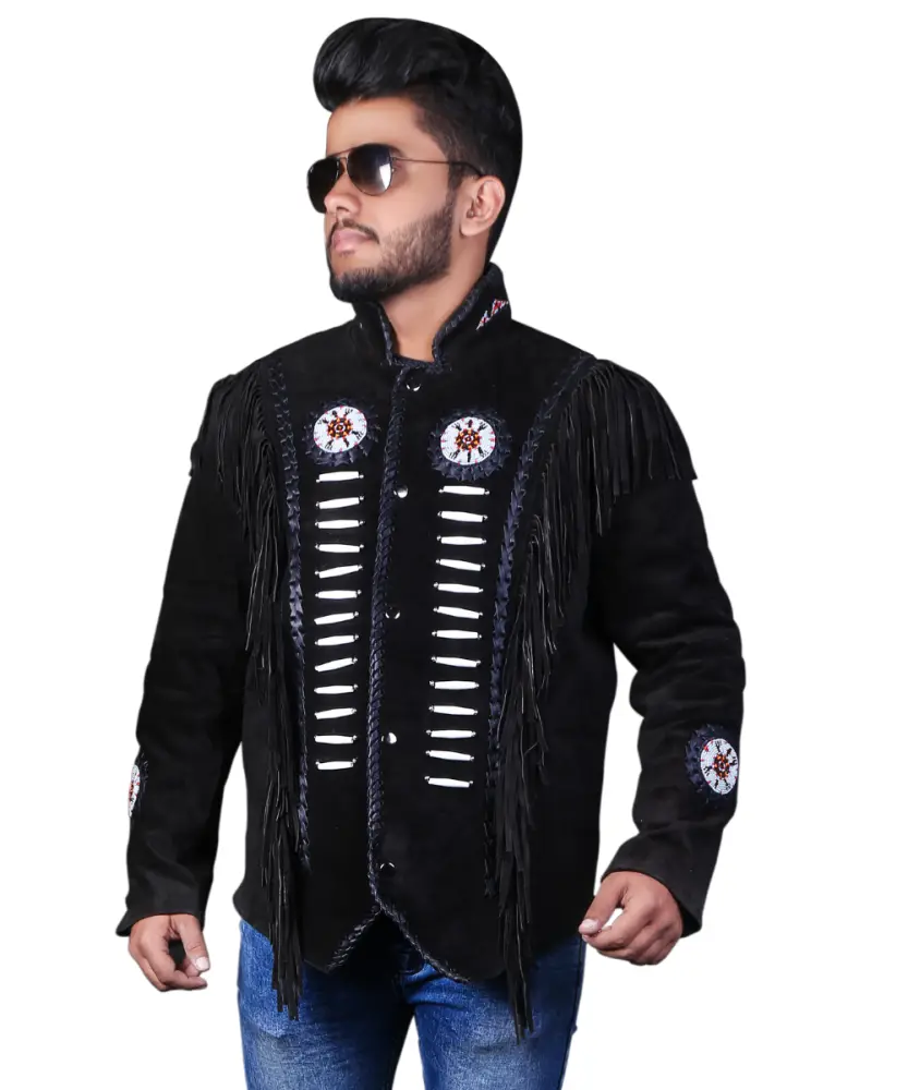Genuine Cowhide Suede Fringe Leather Jacket for Men | Western Winter Coat