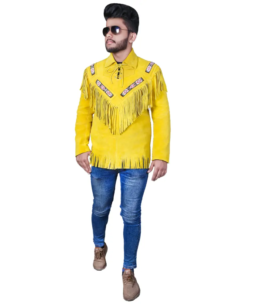Handmade Cowhide Suede Fringe Yellow Leather Jacket for Men | Western Coat