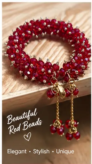 Handmade Red Crystal Beaded Bracelet with Golden Charms Traditional & Ele