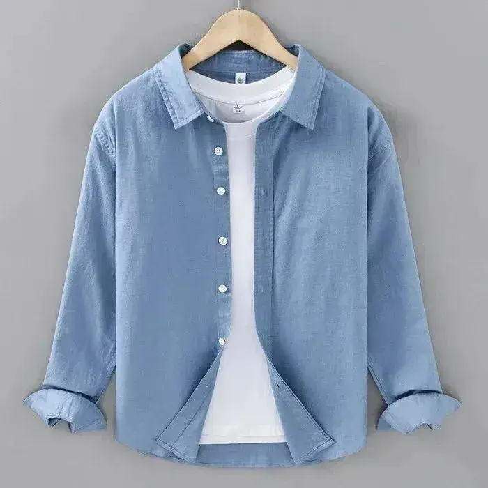 Men's Sky Blue Long Sleeve Shirt with White T-Shirt | Casual Layered Outfit