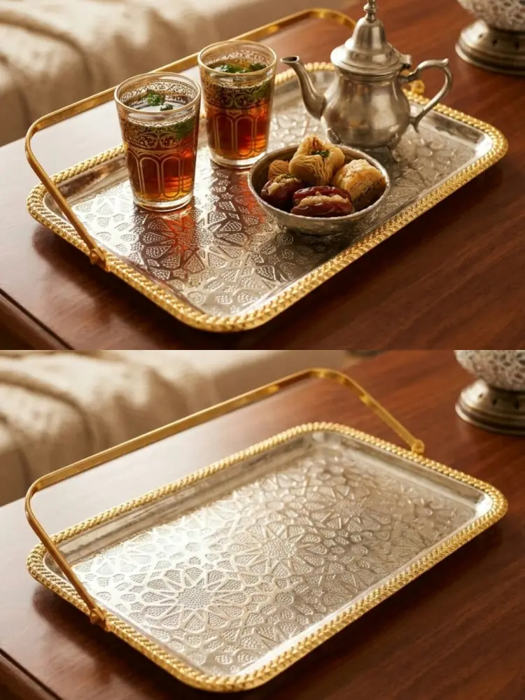 uxury Moroccan steel Serving Tray with Gold Handle - Decorative Tea Tray
