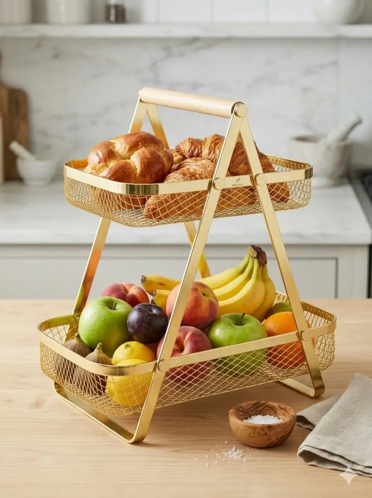 Premium 2 Layer Golden Metal Fruit Basket with Handle